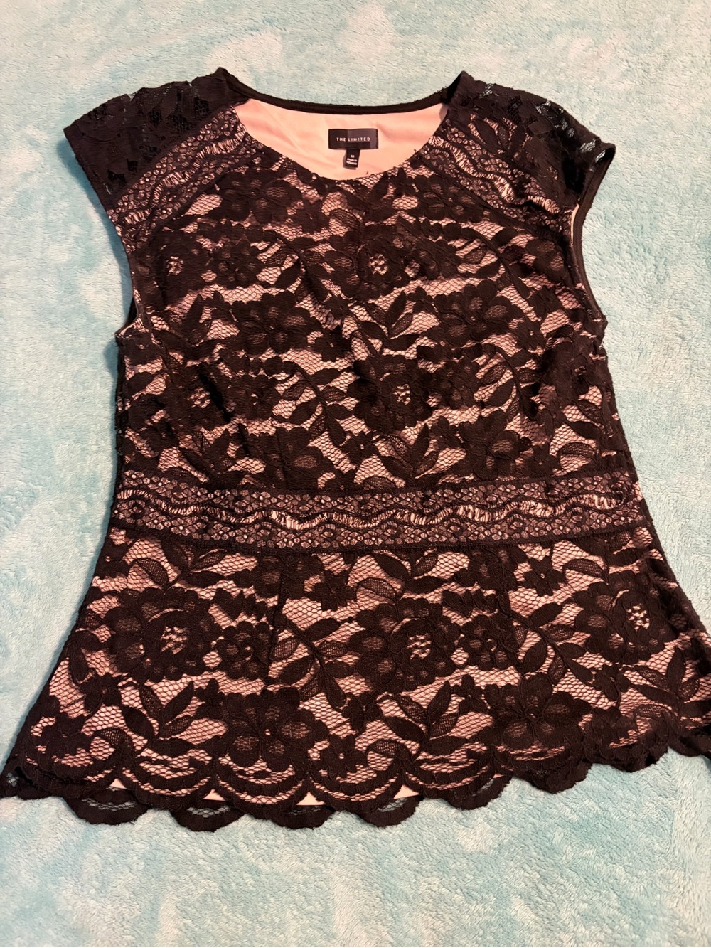 The Limited Black Floral Lace Cap-Sleeve Peplum Top with Nude Lining